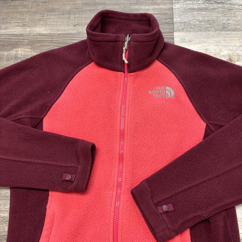 The North Face Maroon Coral Color Block Womens S Fleece Full Zip Collared Jacket
